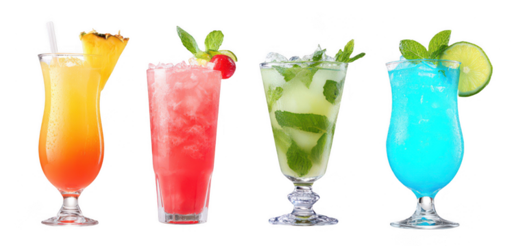 4 tropical cocktail glasses isolated on a white background, png, transparent