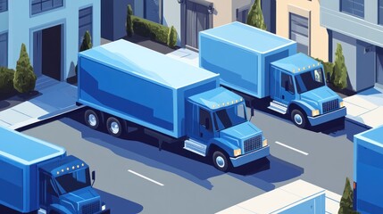 Obraz premium blue delivery trucks lined up on urban street under bright sunlight, illustration. transportation and logistics. delivery service advertisement. cargo export and import