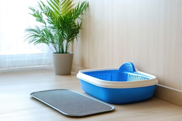 Fototapeta na wymiar Litter Box with shovel. Clumping cat in home background. Clean blue white cat litter box with scoop on wooden floor in a minimalist room. Cleanliness and hygiene concept. Cat toilet. Hygiene for pets