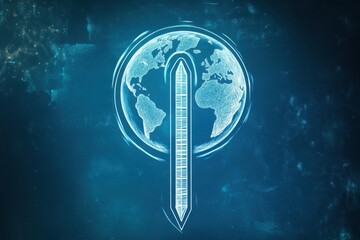 Conceptual graphic depicting a futuristic sword and globe in a digital environment