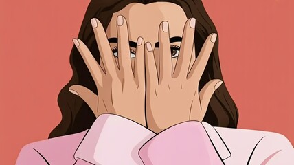 A woman with hands covering her face, revealing only her eyes, suggesting shyness, curiosity, or a playful peek. Ideal for themes of privacy or surprise.