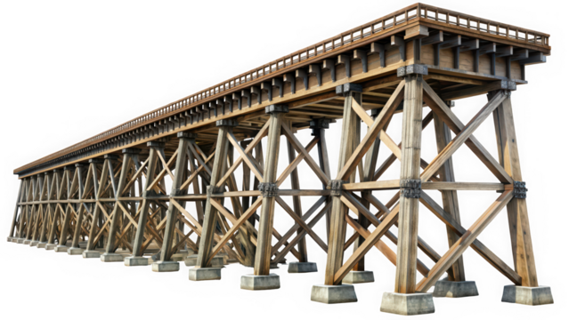 A beautifully crafted wooden trestle bridge, showcasing detailed craftsmanship and sturdy support structures, set against a white background.
