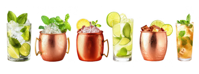 Set of mojito and Moscow mule cocktails isolated on a white background, png, transparent
