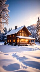 Snowy Cabin Sunset Winter Wonderland.
