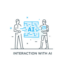 illustrations concept with businessmen. technology, partnership, artificial intelligence business robot, cybes. linear illustration Icons infographics. Landing page site print poster. Line story