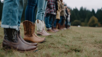 Group of people standing in boots on grassy field during overcast day in rural area