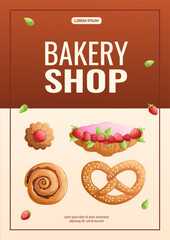 A design template for a bakery shop flyer. Various types of baking. The concept of confectionery, cooking, bakery. A4 vector illustration for posters and banners
