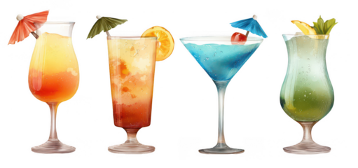 4 tropical cocktail glasses isolated on a white background, png, transparent