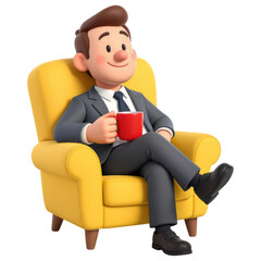 Relaxing businessman enjoys coffee in cozy yellow chair home office digital art warm environment casual viewpoint