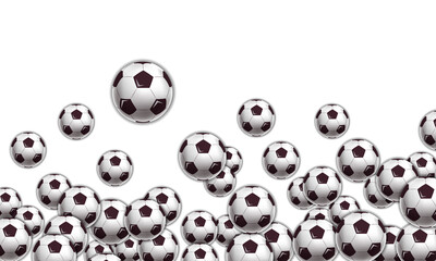Falling soccer balls horizontal background. 3D rendering illustration.