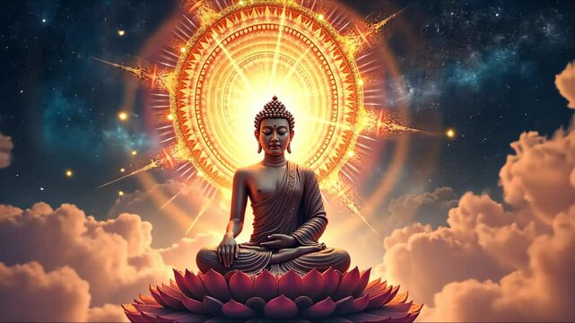 Buddha Purnima, Vesak day. Buddhist monk is sitting on a lotus flower in the sky. The sky is filled with clouds and stars, creating a serene and peaceful atmosphere