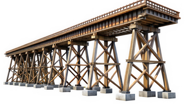 A sturdy wooden railway trestle bridge stands tall, showcasing intricate woodworking and architectural design in vibrant hues of brown and gray.