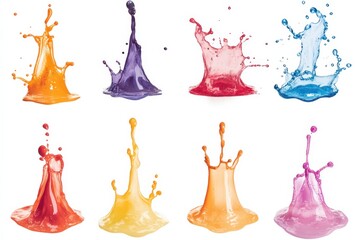 Colorful splashes of liquid in various shapes on a white background