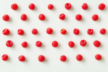 Fresh raspberries arranged neatly on a white background for a colorful display