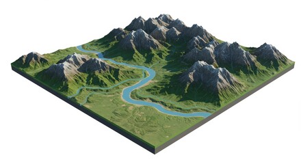 Majestic Mountain Range and Serpentine River: A 3D Render of a Breathtaking Landscape