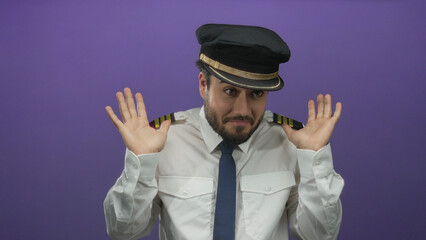 Young hispanic man with beard in pilot uniform and cap gesturing innocently against a purple background, conveying a humorous or lighthearted mood.