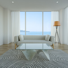 Sofa on wooden floor of living room in modern house. Minimal home interior 3d rendering with sea view.