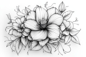 Intricate floral sketch highlighting blooms and delicate leaves in black and white