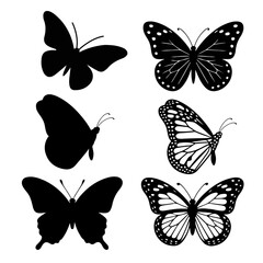 Six black and white butterfly silhouettes with various wing patterns and antenna designs displayed together