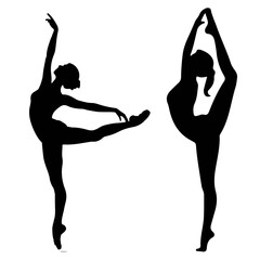 Two elegant ballet dancers in black silhouette performing graceful poses on a white background art