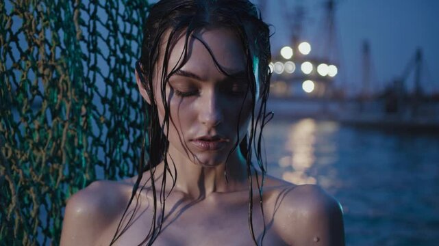 hauntingly beautiful young woman with pale skin, soaked dark hair, and sharp cheekbones stands motionless in front of a weathered fishing net, partially illuminated by distant harbor lights.