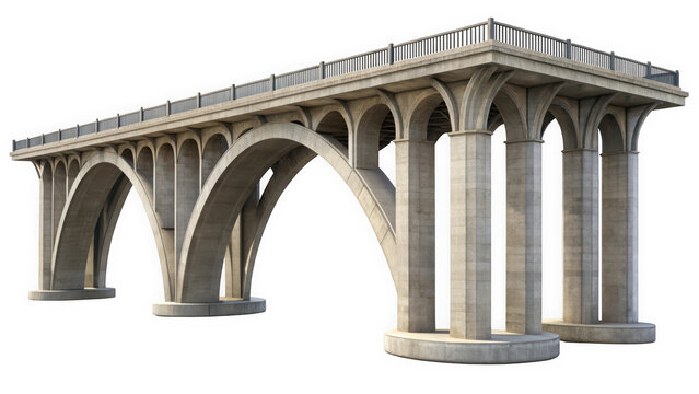 A striking concrete bridge featuring elegant arches and sturdy support columns, showcasing modern architectural design against a clean backdrop.