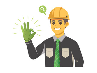 ヘルメットをかぶりOKサインを出す安全作業員：建設現場での安全と確認のジェスチャー

