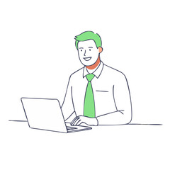 机に向かい、笑顔でノートパソコンを操作するビジネスマンの、快適で生産的な仕事風景のイラスト

