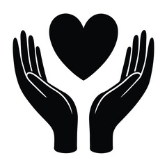 Obraz premium Black Heart Above UpwardFacing Hands Love, Care, Protection Symbol in Silhouette Style