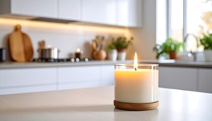 Lit candle on kitchen counter.