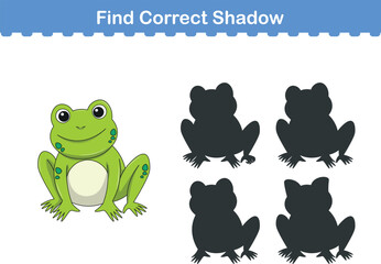 Funny cartoon frog. find the correct shadow. Kids Education games. Cartoon vector illustration
