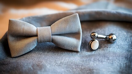 A bow tie neatly placed beside a cufflink on linen
