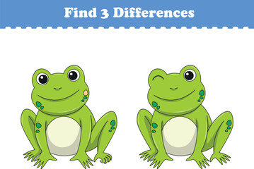Education game for children find three differences between two frog cartoon. Vector illustration