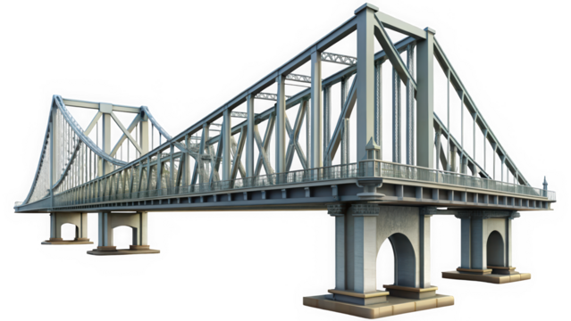 A robust steel bridge featuring intricate latticework and sturdy arches, standing against a clear sky, symbolizing engineering excellence and connectivity.