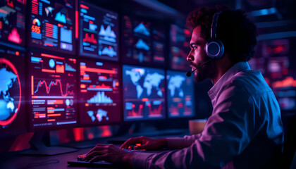 Focused Operator Overseeing Global Network Connections on Multiple Screens