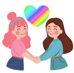 Cute cartoon illustration of two girls in love holding hands with a rainbow heart above. LGBTQ+ pride and love concept.