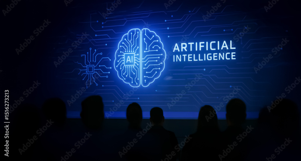 Poster female speaker presenting in front of large audience with digital brain and ai visuals on screen, re