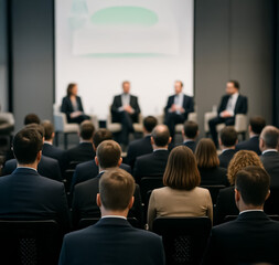 Corporate audience attending a formal panel discussion with business leaders on stage, focused on industry trends and leadership insights.