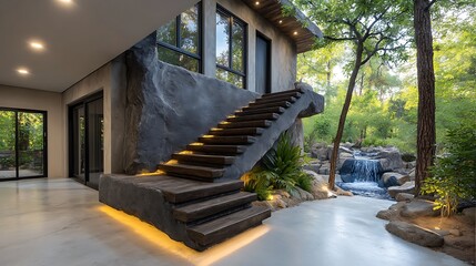 A contemporary stairwell with floating stairs, glass railings, and polished concrete floors illuminated by natural light.