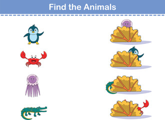 Find Hiding Animals. Child Exercise Sheet with wild animals. Printable worksheet. Cartoon vector illustration