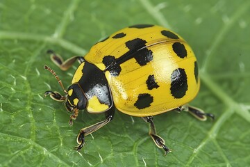 Yellow Ladybug with Black Spots on Green Leaf