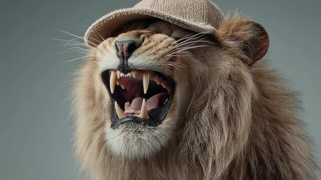 majestic lion roars ferociously while wearing a stylish cap, portraying dominance and strength with a touch of unexpected cool
