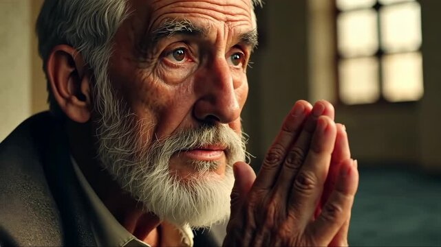 A close-up of a tearful elderly man with a weathered face, his hands raised in prayer under the dim light of a mosque at dawn.