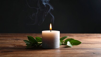 Burning candle with smoke, and wood table.