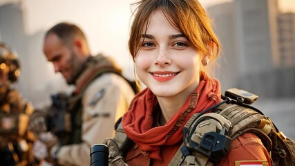 Courageous female soldier smiles confidently amidst the challenges and determination. The sun-kissed face reflects strength and resilience.