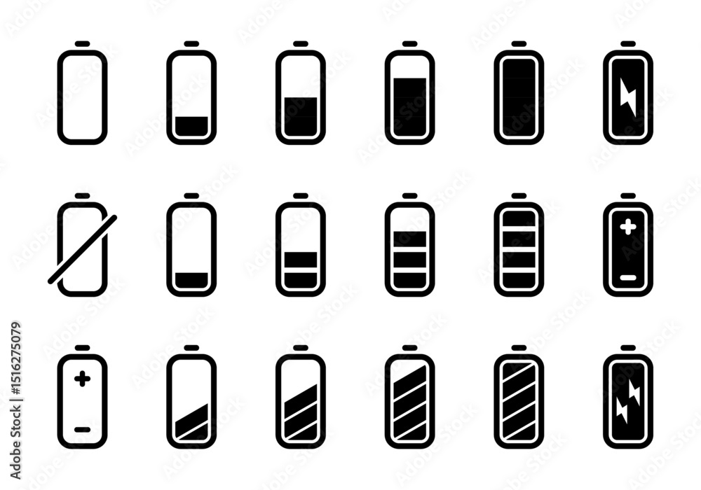 Aufkleber battery charge progress indicator icon set, smartphone status bar notification vector user interface