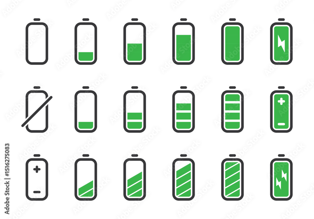 Poster battery charge progress indicator icon set, smartphone status bar notification vector user interface