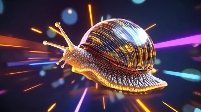 A futuristic snail with a glowing, tech-infused shell, moving at high speed