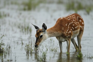Spotted Deer Drinking from Wetland