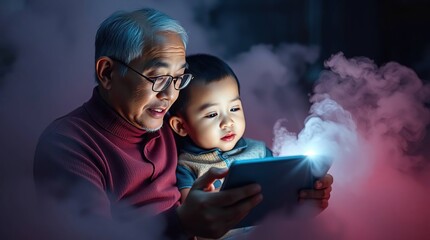 An elderly Asian man and young boy attentively view a glowing tablet, surrounded by smoky fog